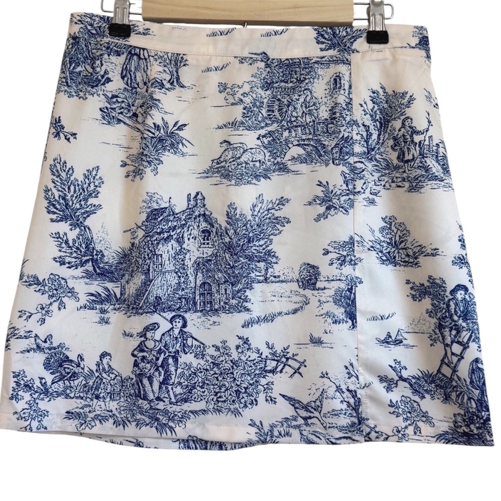 Cider Blue White Toile Mini Skirt Large Pastoral Print A-Line Skirt NWT